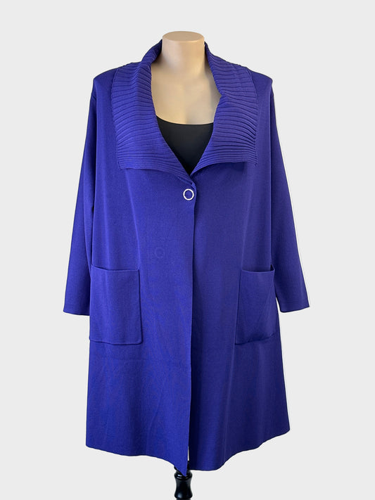 Taking Shape long line knit cardigan in purple with contrast rib collar, martingale belt and patch pockets for office or smart casual wear.