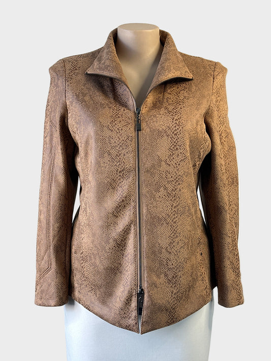 Taking Shape tan and chocolate snakeskin print zip front coat with convertible collar, zip cuffs and in-seam pockets for smart casual wear