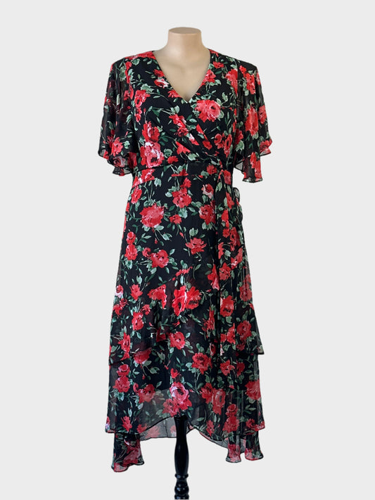 Taking Shape floral maxi dress with surplice neck, flutter sleeves and handkerchief hem for evening or special events
