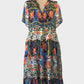 Taking Shape black midi smock dress with mosaic print, pin tuck bib, band collar and tiered ruffle hem for resort wear