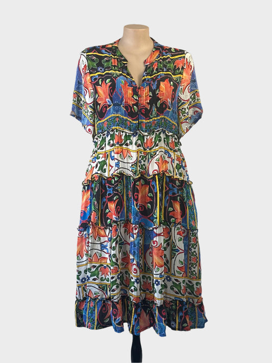 Taking Shape black midi smock dress with mosaic print, pin tuck bib, band collar and tiered ruffle hem for resort wear