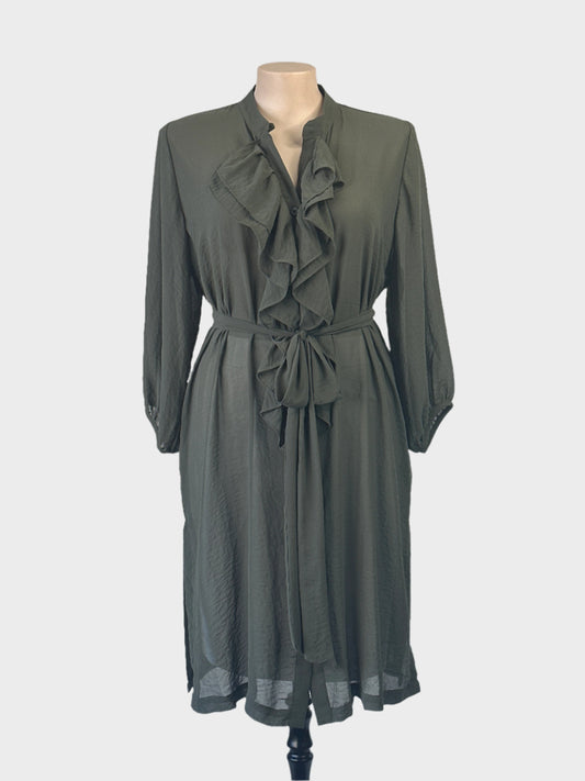 Taking Shape olive shirt dress in sheer textured weave with ruffle trim, piped cuffs, waist sash and side splits for office wear