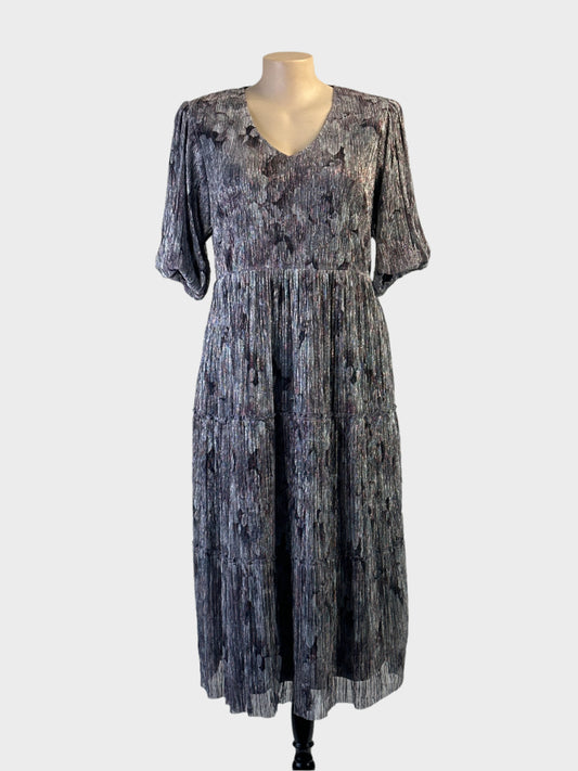 Taking Shape gown in a mauve mushroom pleated fabric with a fine metallic tread featuring elbow length puff sleeves, v-neck and tiered skirt for evening or formal.