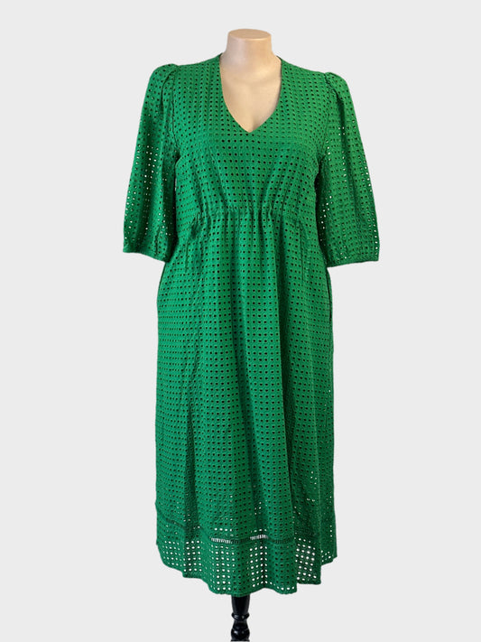 Taking Shape green eyelet cotton smock dress with v-neck and gathered waist for smart casual or special events.