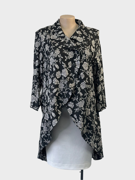 Taking Shape grey and white floral jacquard longline jacket with asymmetric lapels for special events or office wear.