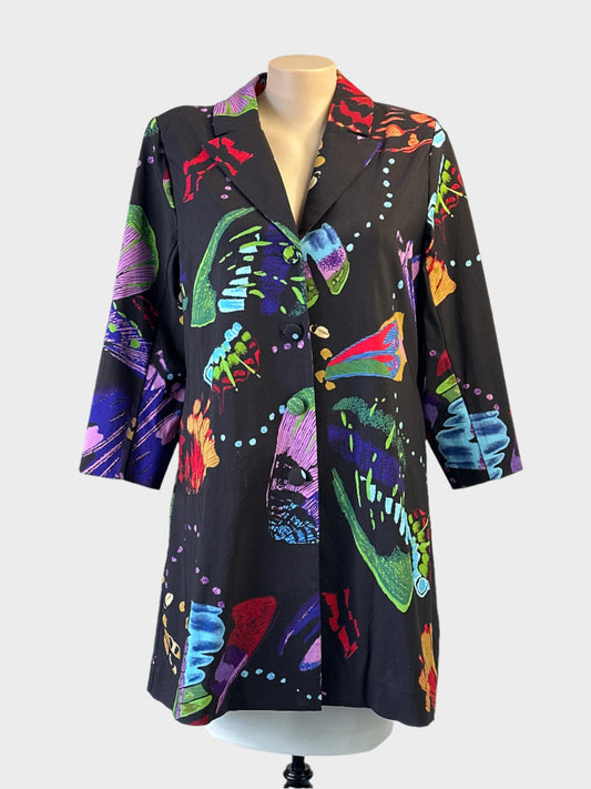 Taking Shape multicoloured abstract print coat with notched lapels and in-seam pockets for smart casual or special events.
