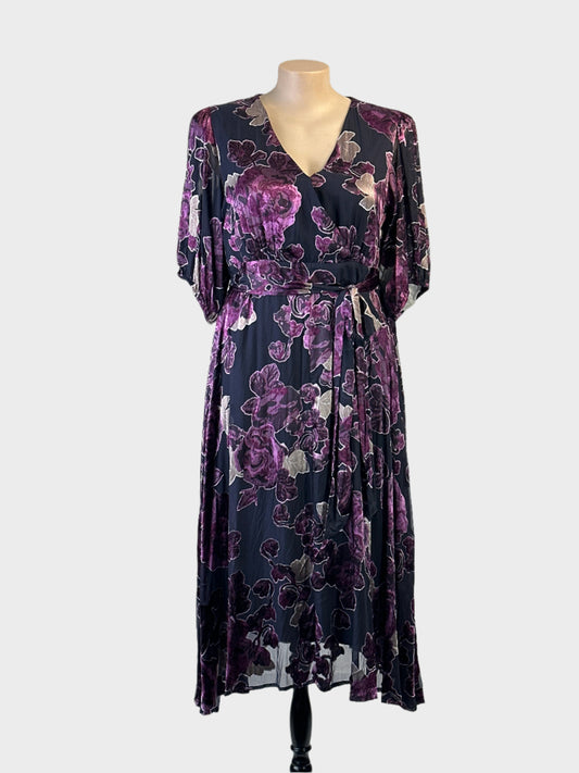 Taking Shape purple and pink sheer smock dress with satin floral appliqué and sash tie for formal or evening wear.