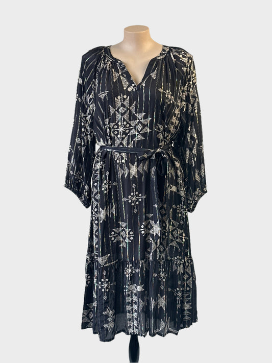 Taking Shape shift dress in black and beige geometric print with waist sash for evening or smart casual wear.