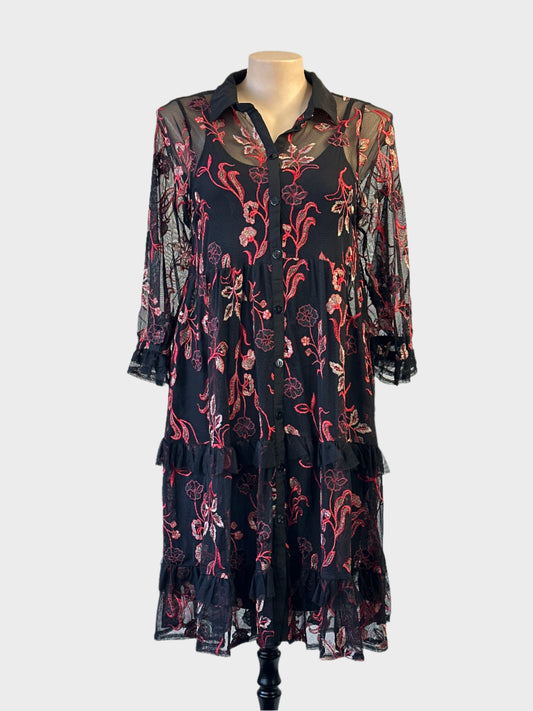 Taking Shape shirt dress in black and red mesh with floral embroidery and high low hem for evening wear.