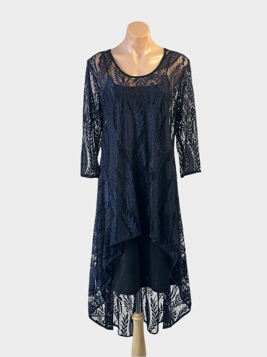 Taking Shape navy lace top with u-shaped neck, three quarter sleeves, and high-low hem for formal or evening wear.