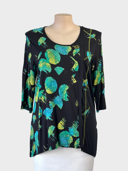 Designer Taking Shape black geometric print tunic top with appliqué and embroidery for smart casual or office wear