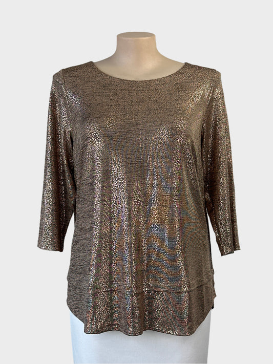 Taking Shape metallic shimmer top in champagne with pewter and copper speckle, round neck and three quarter sleeves for evening or formal wear.