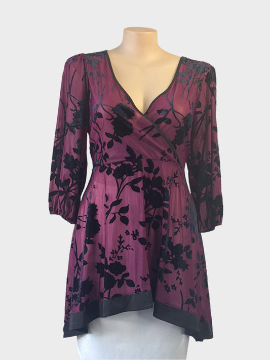 Taking Shape long sleeve tunic top in deep magenta with black devoré velvet floral burn-out and high-low hem for smart casual or evening wear.