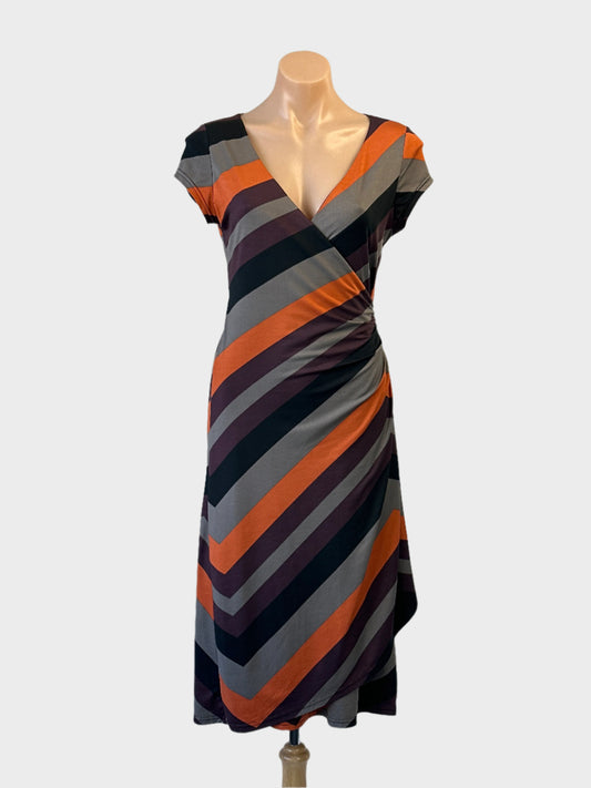 Teaberry retro 70's sheath dress in multicoloured chevron striped print for office or smart casual wear.