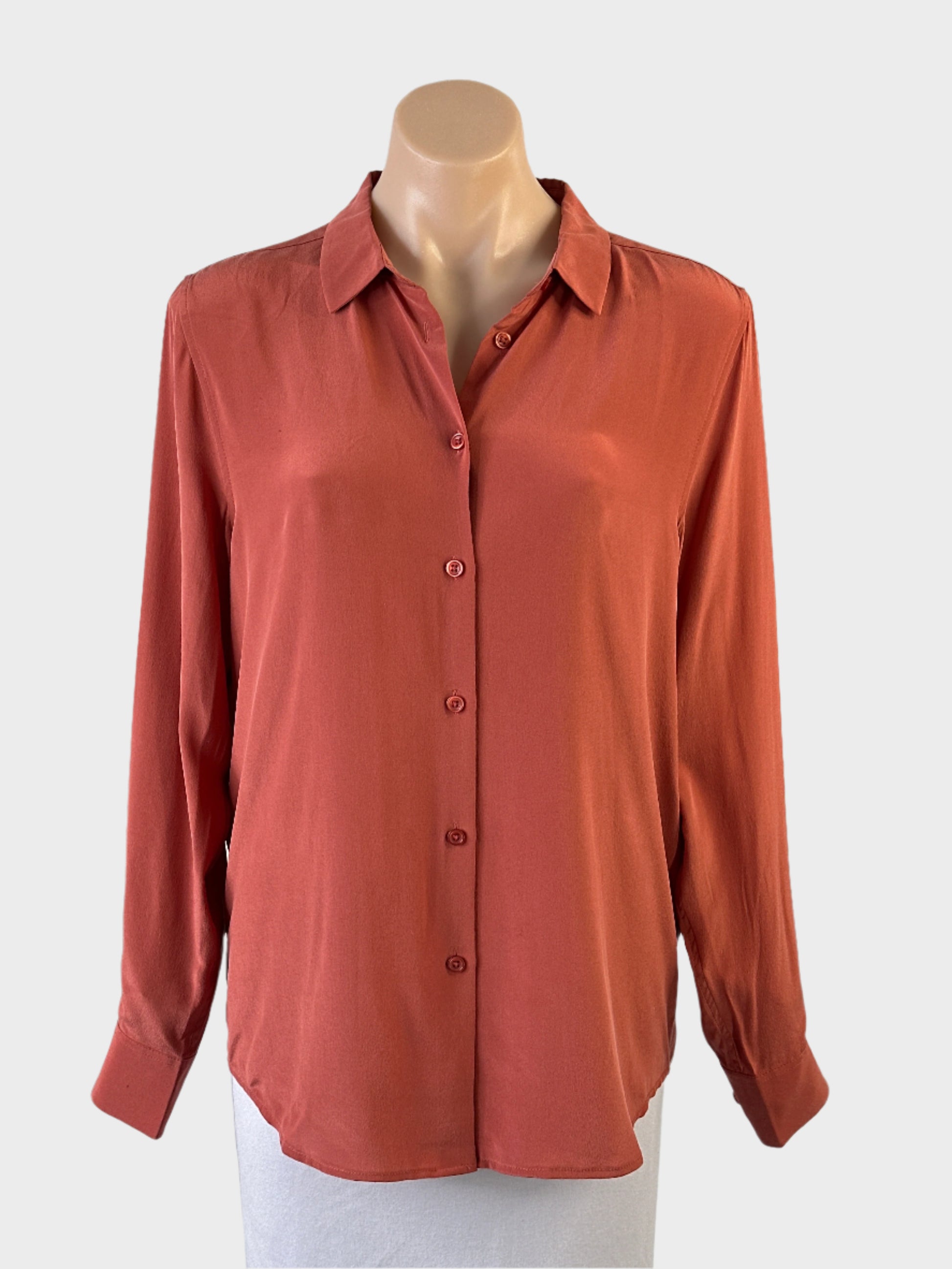 Designer The Fable classic shirt in brown charmeuse silk with button-up front, standard collar and shirt tail hem for office or smart casual wear.