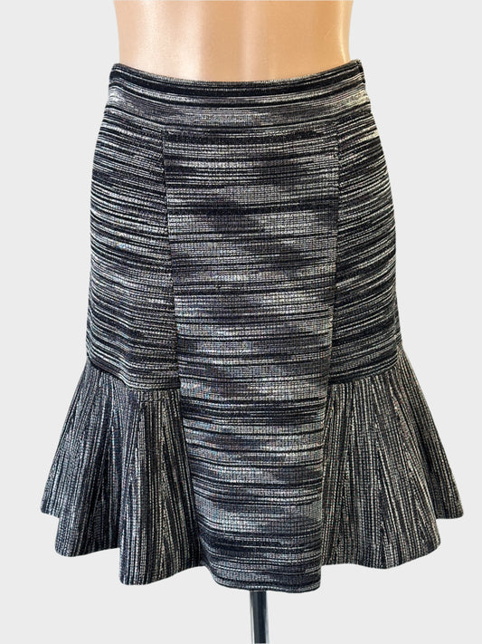Designer Thurley A-line skirt in grey variegated knit with flounce panels for office or smart casual wear.