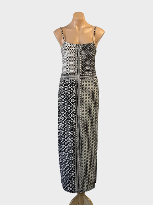 Designer Tigerlily column dress in black and white jersey with geometric print and side split for smart casual or resort.