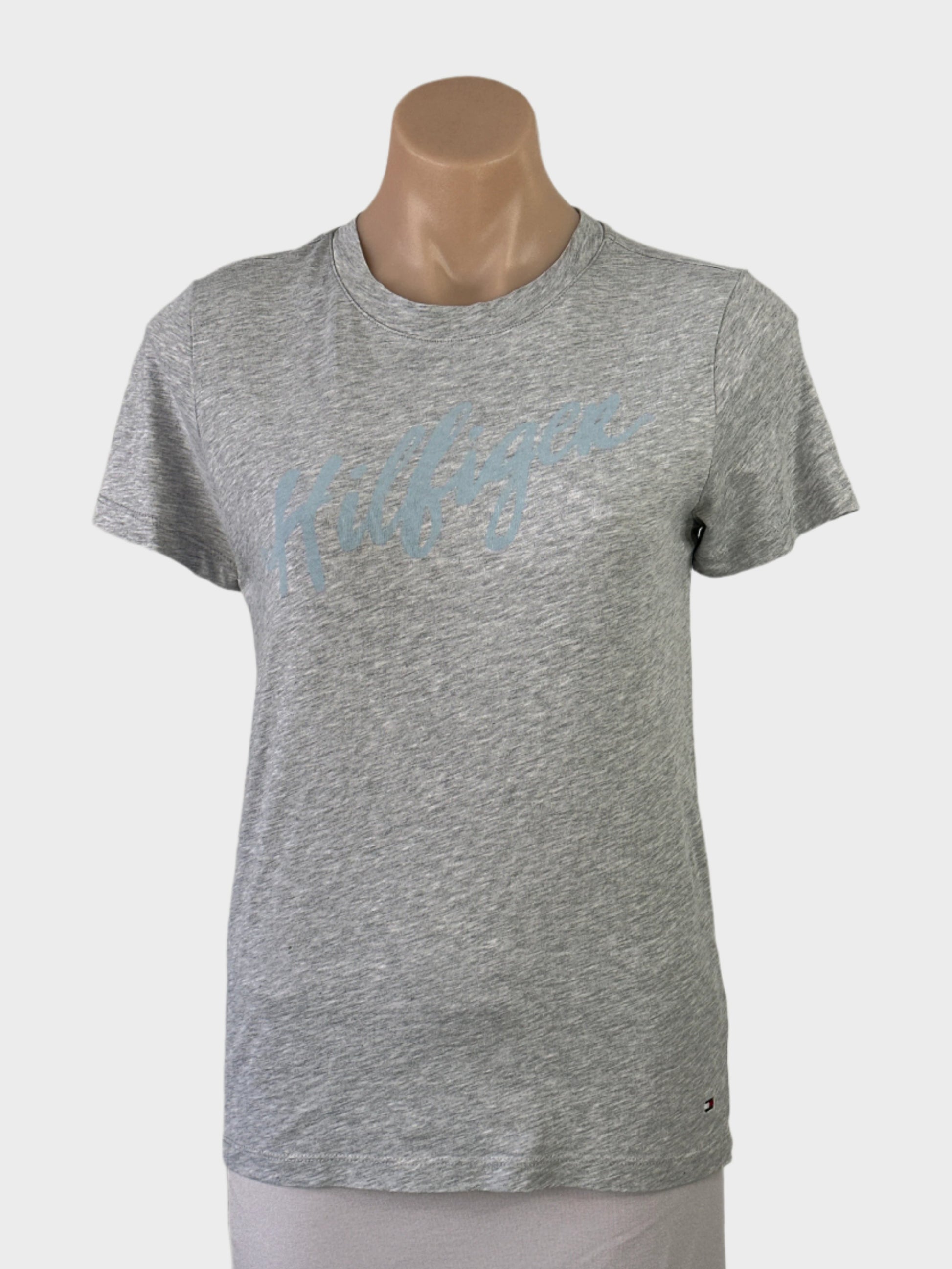 Designer Tommy Hilfiger grey classic t-shirt top in pure cotton variegated jersey with printed logo, rib crew neck and short sleeves for smart casual wear.