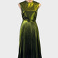 Topshop sleeveless A-line dress in metallic green with high sheen finish for evening wear.
