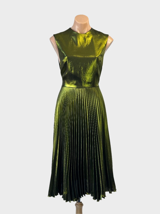 Topshop sleeveless A-line dress in metallic green with high sheen finish for evening wear.