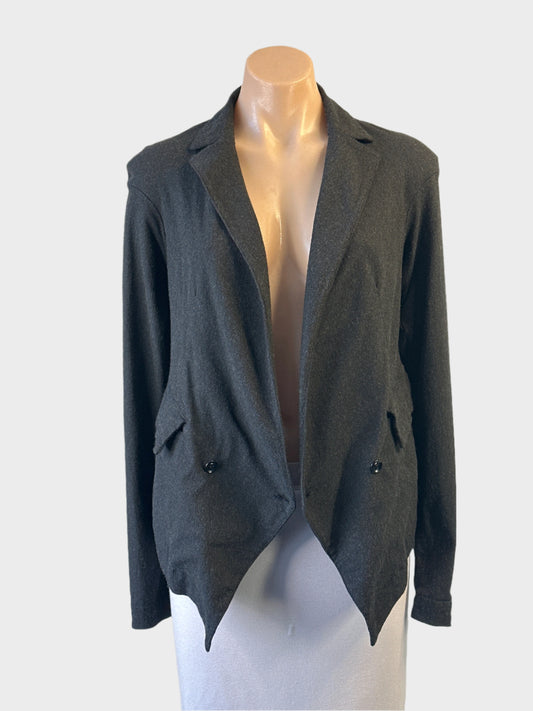 Designer Transit Par Such charcoal double breasted jacket with textured weave and high low hemline for office wear
