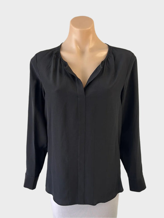 Trenery black classic top with notched neck, long sleeves, and gathered yoke back for office wear.