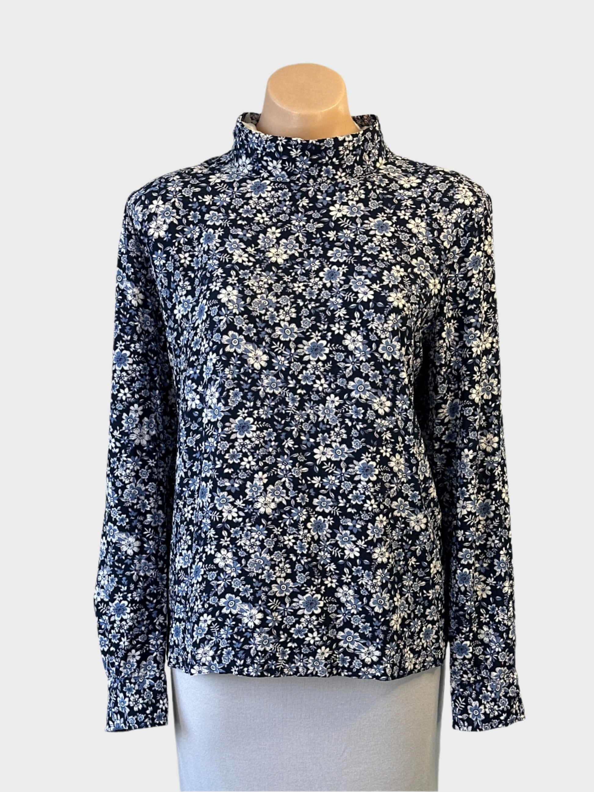 Trenery blue and white Liberty floral print top with band collar and notched hem for smart casual wear.