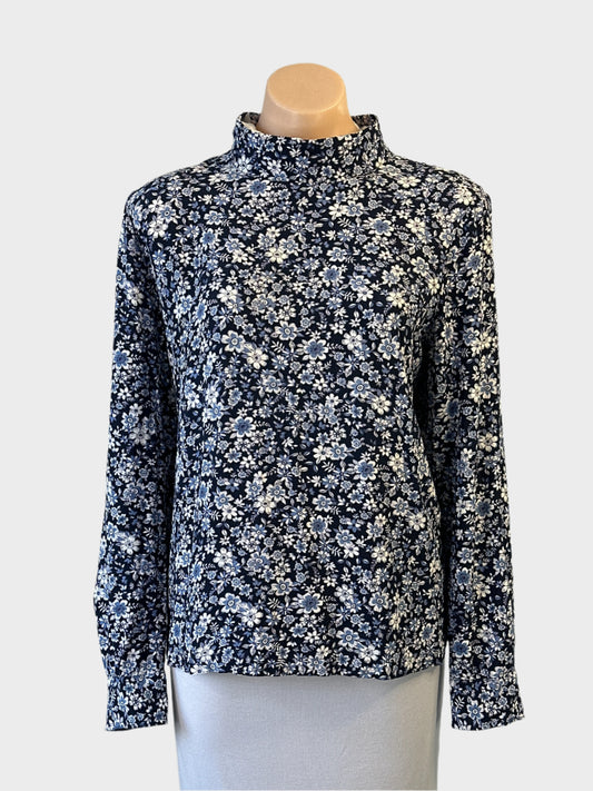 Trenery blue and white Liberty floral print top with band collar and notched hem for smart casual wear.