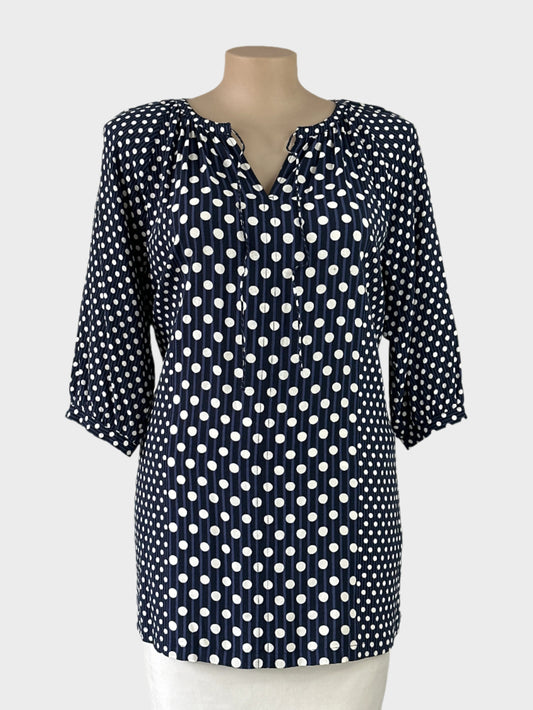 Trenery blue and white tunic top with striped polka dot print, notched neck, and three-quarter sleeves for smart casual or office wear.