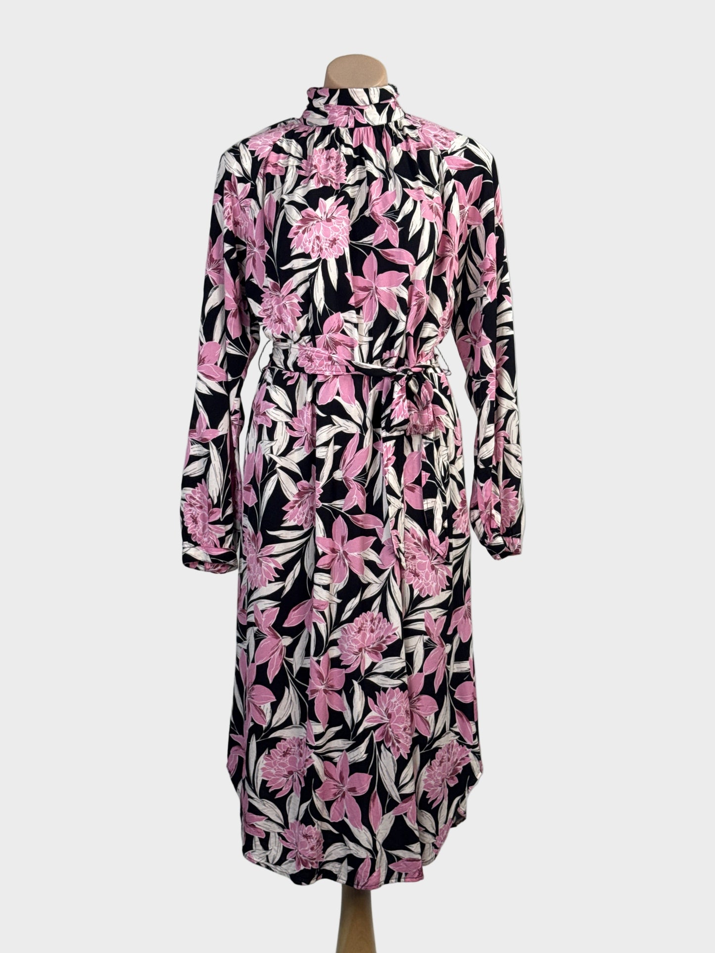 Trenery floral shift dress with gathered band collar, long raglan sleeves, waist sash and curved hem for office or smart casual.