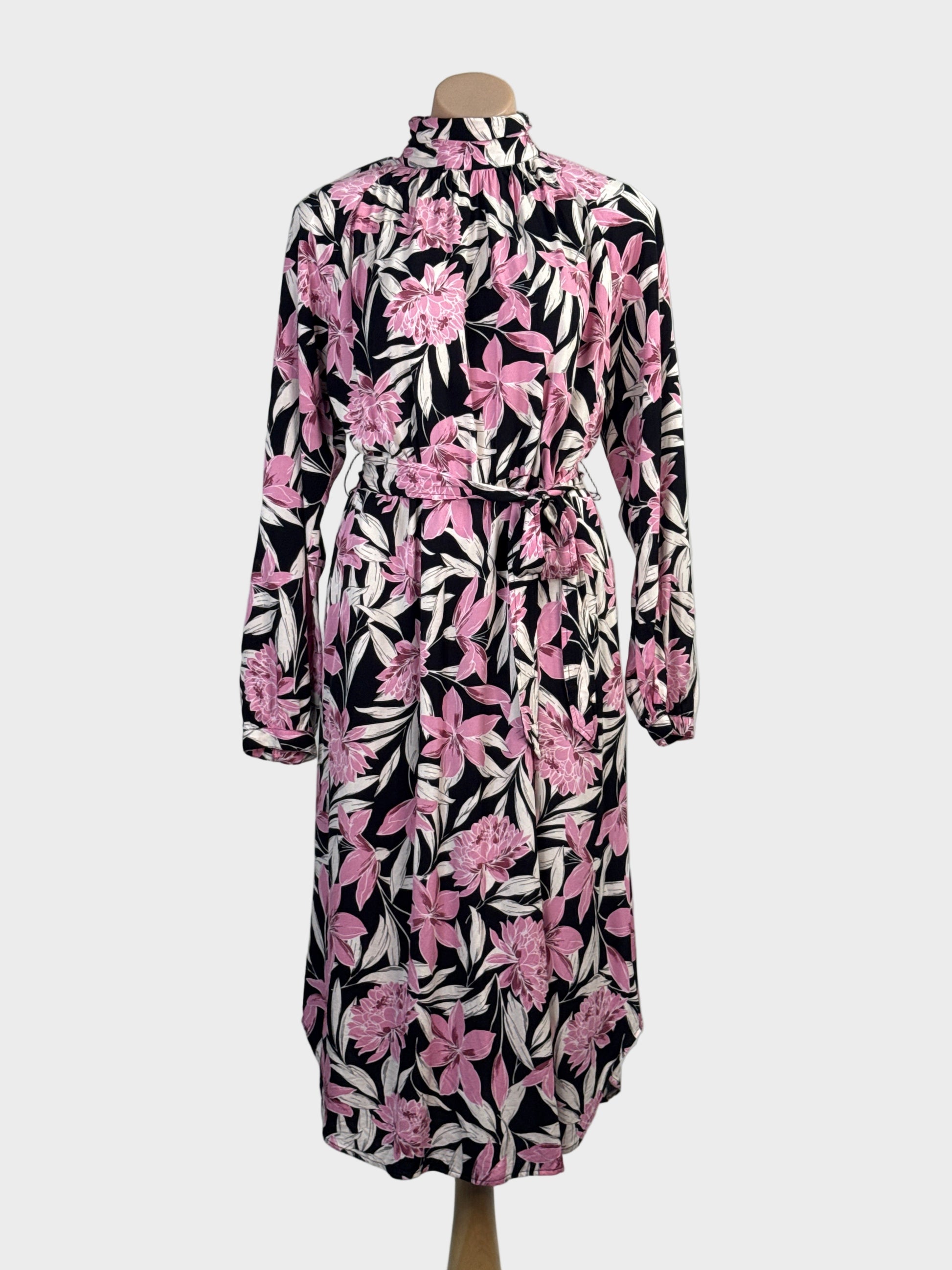 Trenery floral shift dress with gathered band collar, long raglan sleeves, waist sash and curved hem for office or smart casual.