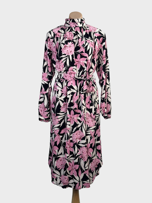 Trenery floral shift dress with gathered band collar, long raglan sleeves, waist sash and curved hem for office or smart casual.