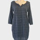 Trenery navy and white pure cotton shirt dress with check weave, scoop neck with piped trim, long sleeves and curved hem for smart casual