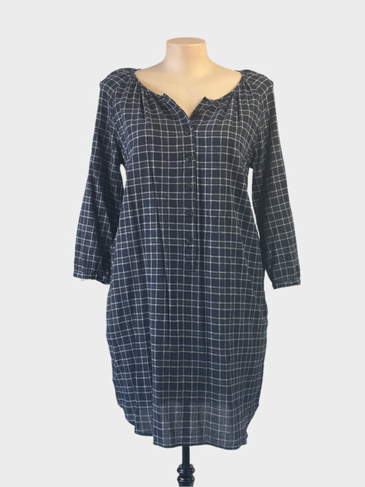 Trenery navy and white pure cotton shirt dress with check weave, scoop neck with piped trim, long sleeves and curved hem for smart casual