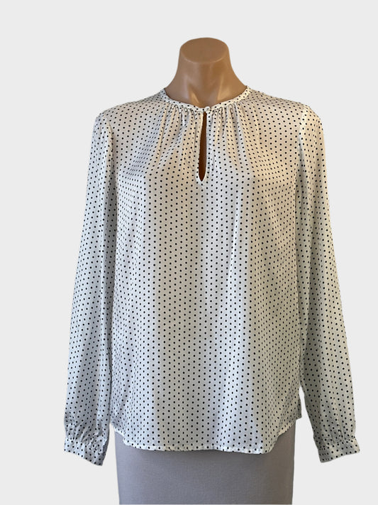 Trenery top in ivory with black polka dots, keyhole neckline and long sleeves for office wear.