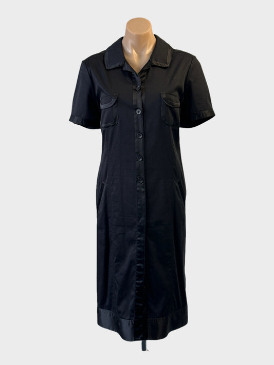 Designer Trent Nathan shirt dress in black with satin trim and slash pockets for office or smart casual wear.