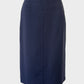 Trent Nathan navy straight skirt with yoke waist, topstitched seams and back vent for office wear.
