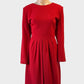 Trent Nathan vintage 80s cherry red wool dress with buttoned embroidered cuffs, round neck and pleated skirt — office wear.