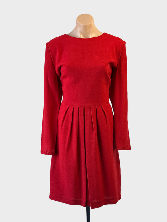 Trent Nathan vintage 80s cherry red wool dress with buttoned embroidered cuffs, round neck and pleated skirt — office wear.
