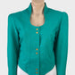 Vintage designer Trish Haines green vintage 80's single breasted cut-away jacket with gold buttons, tear drop neckline and pleated cuffs for special events or office wear.