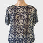 Trussardi blouson top in blue ikat print sheer crepe with tie back and elastic hip band for office or smart casual wear.