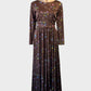 Tullo rare vintage 70s chocolate floral maxi dress with round neck, long sleeves and gathered A-line skirt — smart casual wear.