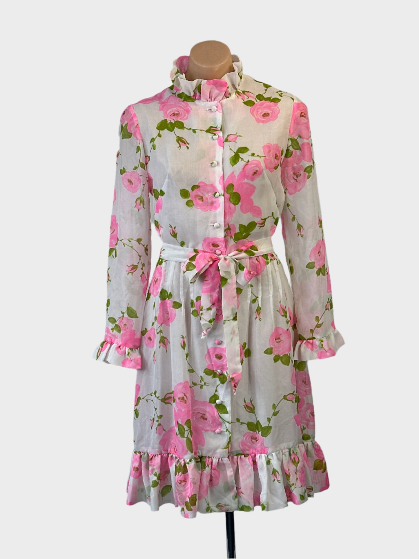 Designer Tullo vintage 60's shirt dress in pink and white floral organdie with sash tie for special events wear.