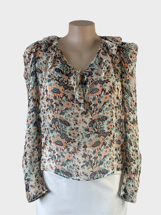 Designer Ulla Johnson top in multicoloured sheer silk with floral print, appliqué gold flecks, v-neck and long sleeves for special events or evening.