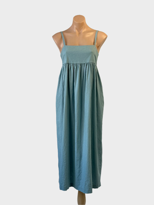 Uniqlo empire waist dress in blue with shirred back and in-seam pockets for smart casual or resort wear.