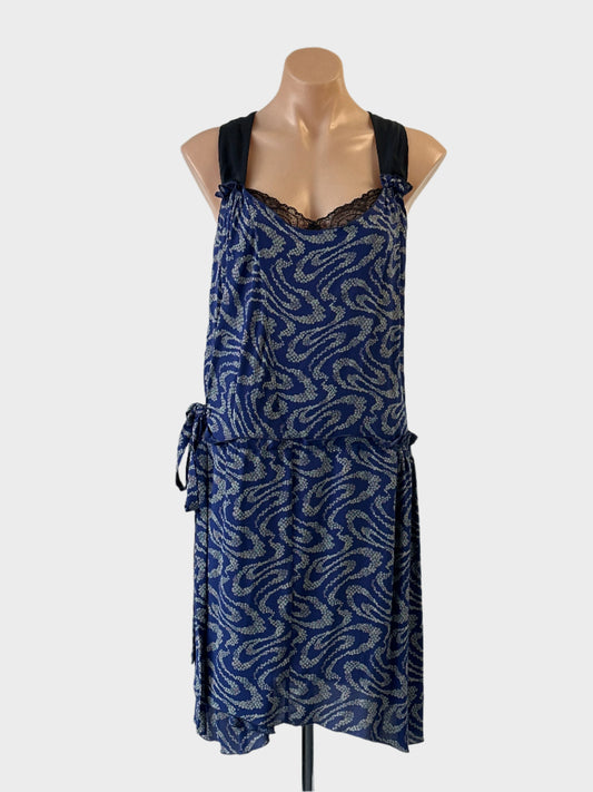 Designer Vanessa Bruno drop waist dress in blue and grey with lace insert and asymmetric hem for smart casual or special events wear.