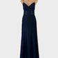 Designer Vera Wang empire waist gown in blue sheer net with surplice neck, open back and flared panel skirt for bridal or formal wear.