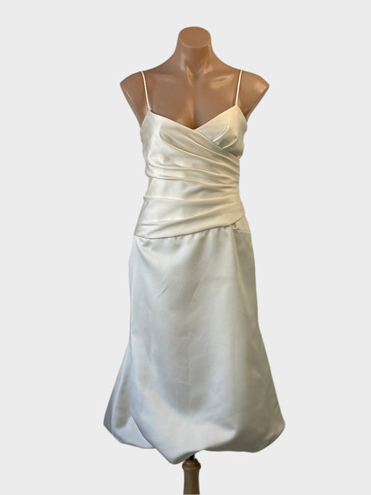 Designer Vera Wang - Maids sleeveless bubble dress in white satin for bridal wear.