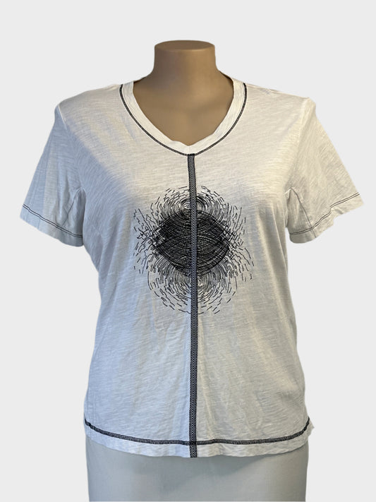 Designer VERGE t-shirt top in black and white spiral print with ribbon trim for smart casual wear.