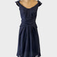 Veronika MaineA-line dress in blue crinkle weave with pleated v-neck, pleated epaulettes and midriff yoke for office wear.